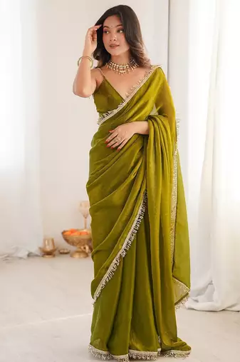 olive beads and stones satin saree