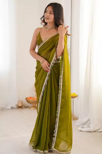 olive beads and stones satin saree
