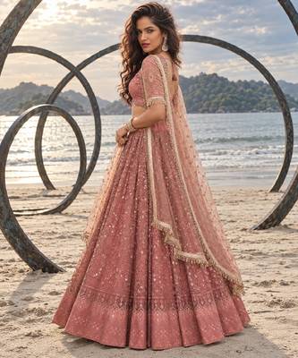 RUST NET THREAD WITH ZARI AND SEQUINCE WORK FESTIVE LEHENGA CHOLI SET FOR WOMEN'S 3