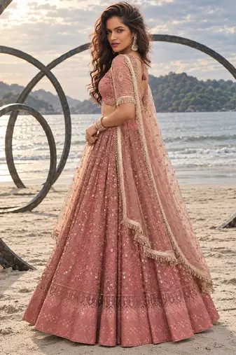 RUST NET THREAD WITH ZARI AND SEQUINCE WORK FESTIVE LEHENGA CHOLI SET FOR WOMEN'S
