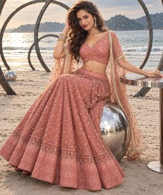 RUST NET THREAD WITH ZARI AND SEQUINCE WORK FESTIVE LEHENGA CHOLI SET FOR WOMEN'S 4