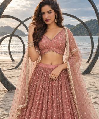 RUST NET THREAD WITH ZARI AND SEQUINCE WORK FESTIVE LEHENGA CHOLI SET FOR WOMEN'S 5