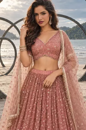 RUST NET THREAD WITH ZARI AND SEQUINCE WORK FESTIVE LEHENGA CHOLI SET FOR WOMEN'S