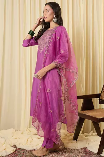 Lavender silk blend embroidered kurta trouser dupatta set