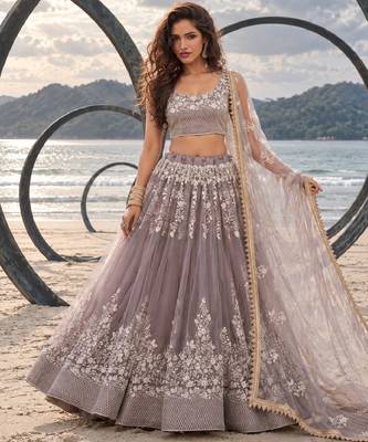 DUSTY BROWN NET THREAD WITH ZARI AND SEQUINCE WORK FESTIVE LEHENGA CHOLI SET FOR WOMEN'S 1