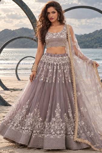DUSTY BROWN NET THREAD WITH ZARI AND SEQUINCE WORK FESTIVE LEHENGA CHOLI SET FOR WOMEN'S
