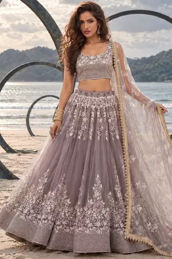 DUSTY BROWN NET THREAD WITH ZARI AND SEQUINCE WORK FESTIVE LEHENGA CHOLI SET FOR WOMEN'S
