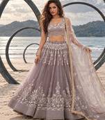 DUSTY BROWN NET THREAD WITH ZARI AND SEQUINCE WORK FESTIVE LEHENGA CHOLI SET FOR WOMEN'S