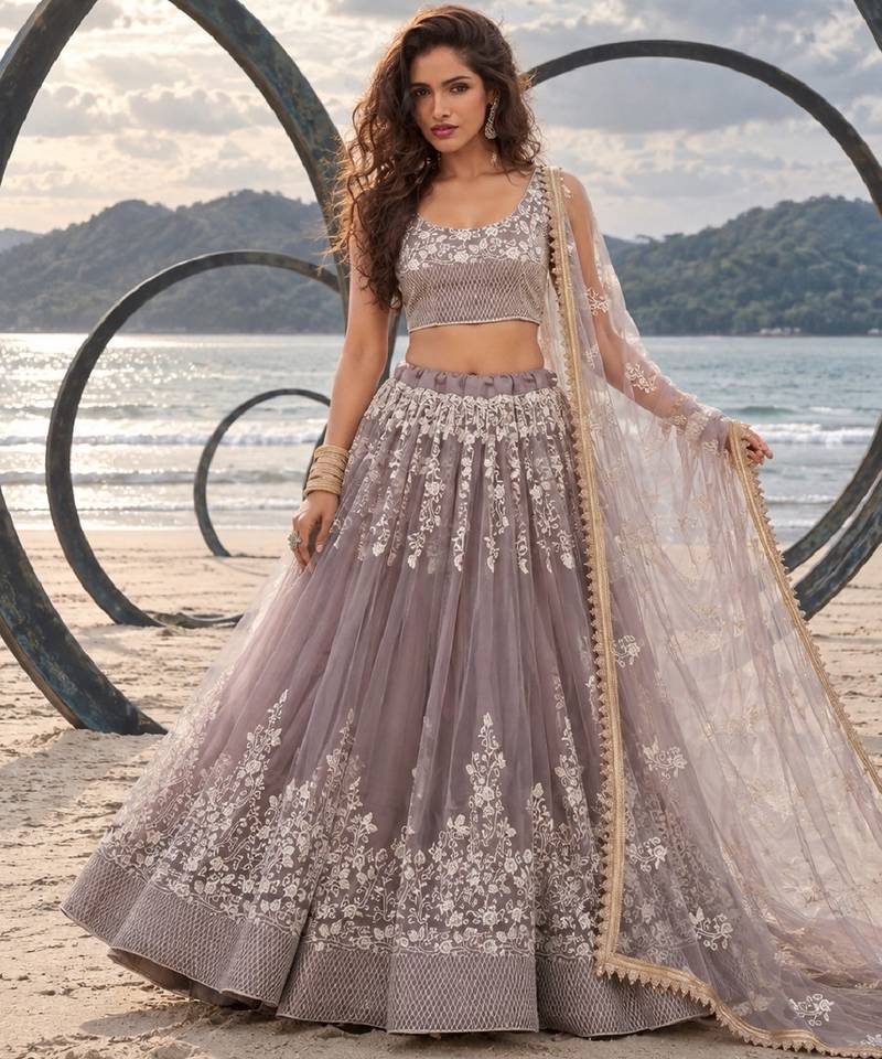 DUSTY BROWN NET THREAD WITH ZARI AND SEQUINCE WORK FESTIVE LEHENGA CHOLI SET FOR WOMEN'S