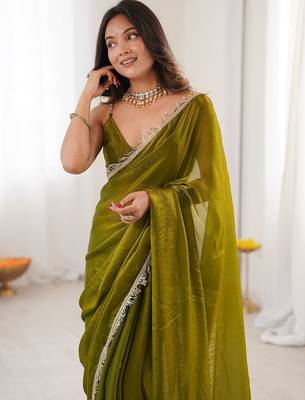 olive beads and stones satin saree 4
