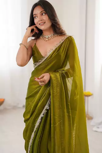 olive beads and stones satin saree