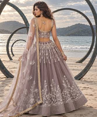 DUSTY BROWN NET THREAD WITH ZARI AND SEQUINCE WORK FESTIVE LEHENGA CHOLI SET FOR WOMEN'S 2