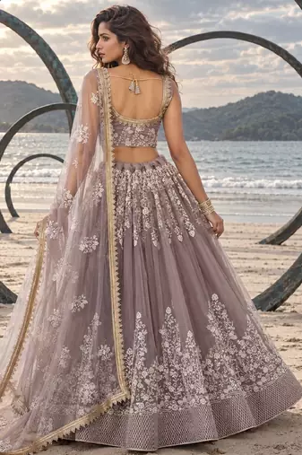 DUSTY BROWN NET THREAD WITH ZARI AND SEQUINCE WORK FESTIVE LEHENGA CHOLI SET FOR WOMEN'S