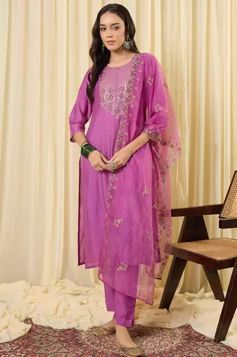 Lavender silk blend embroidered kurta trouser dupatta set