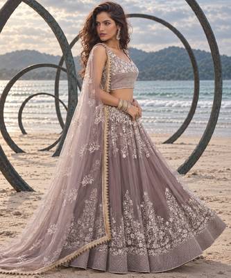 DUSTY BROWN NET THREAD WITH ZARI AND SEQUINCE WORK FESTIVE LEHENGA CHOLI SET FOR WOMEN'S 3