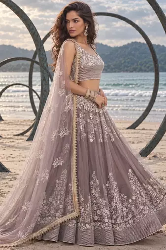 DUSTY BROWN NET THREAD WITH ZARI AND SEQUINCE WORK FESTIVE LEHENGA CHOLI SET FOR WOMEN'S
