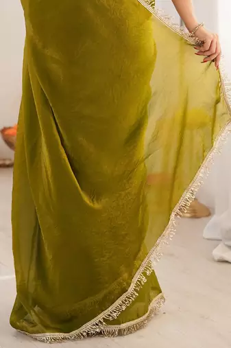olive beads and stones satin saree