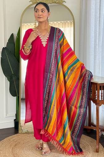 Pink silk blend embroidered kurta trouser dupatta set
