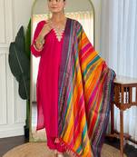 Pink silk blend embroidered kurta trouser dupatta set