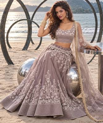 DUSTY BROWN NET THREAD WITH ZARI AND SEQUINCE WORK FESTIVE LEHENGA CHOLI SET FOR WOMEN'S 4