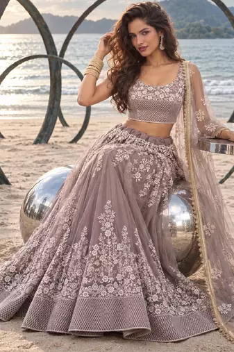 DUSTY BROWN NET THREAD WITH ZARI AND SEQUINCE WORK FESTIVE LEHENGA CHOLI SET FOR WOMEN'S