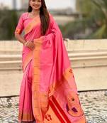 Pink ethnic motifs zari silk blend paithani saree