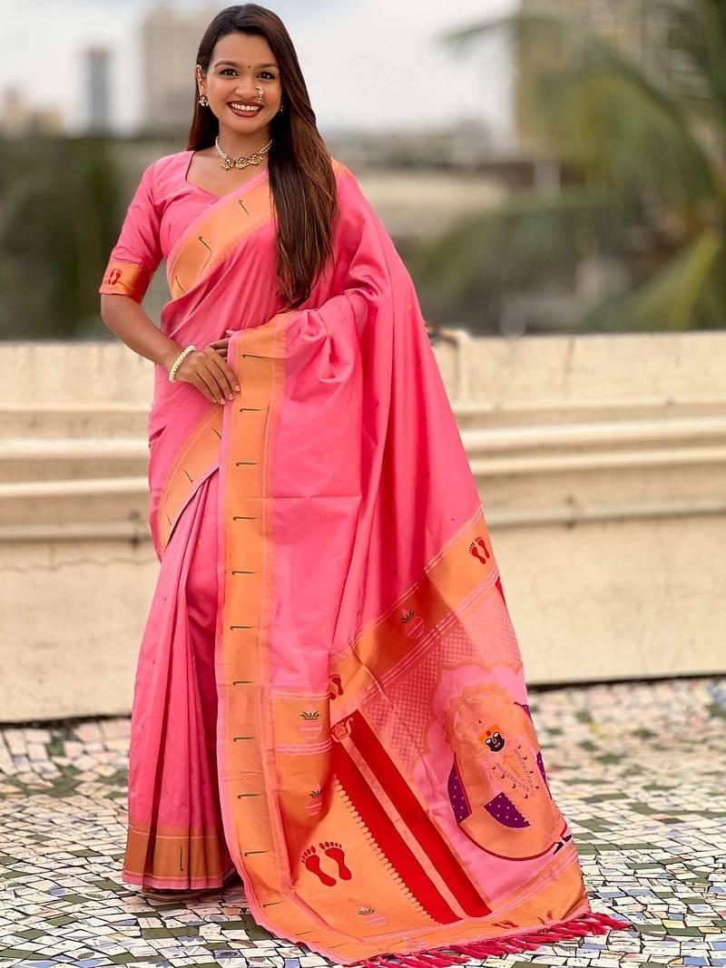 Pink ethnic motifs zari silk blend paithani saree