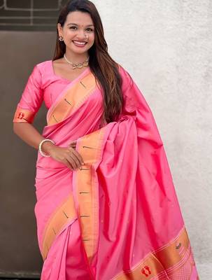 Pink ethnic motifs zari silk blend paithani saree 2