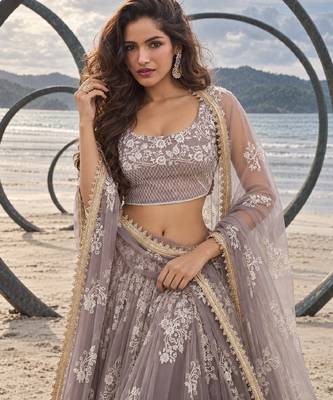 DUSTY BROWN NET THREAD WITH ZARI AND SEQUINCE WORK FESTIVE LEHENGA CHOLI SET FOR WOMEN'S 5