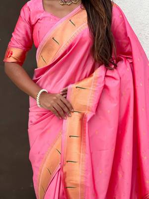 Pink ethnic motifs zari silk blend paithani saree 3