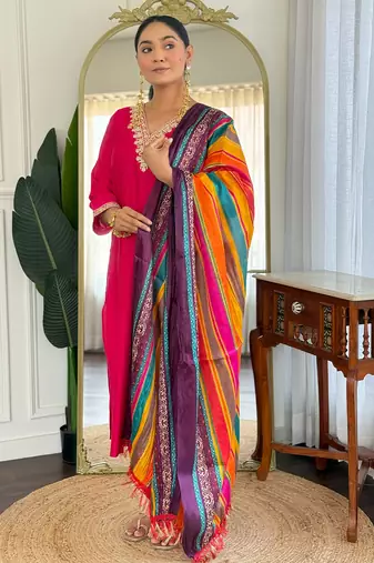 Pink silk blend embroidered kurta trouser dupatta set