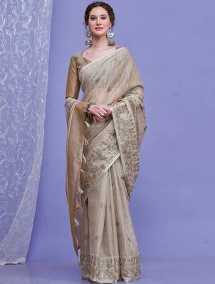 beige floral embroidered sequinned saree with unstitched blouse piece 1