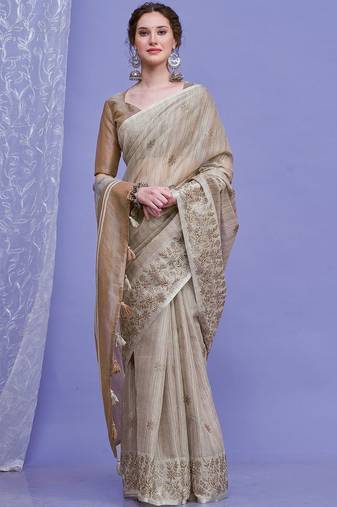 beige floral embroidered sequinned saree with unstitched blouse piece