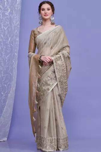 beige floral embroidered sequinned saree with unstitched blouse piece