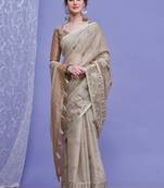 beige floral embroidered sequinned saree with unstitched blouse piece
