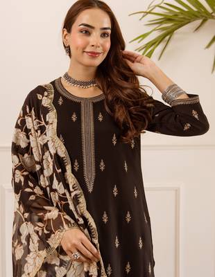 Black viscose rayon embroidered kurta trouser dupatta set 1