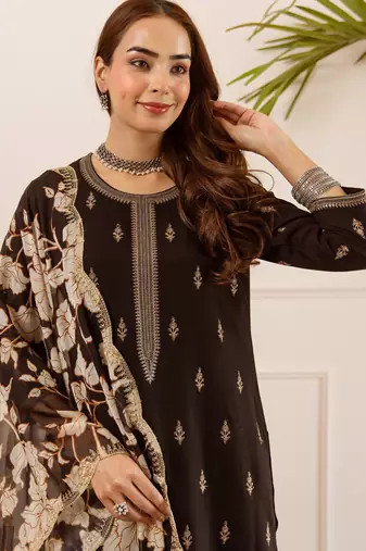 Black viscose rayon embroidered kurta trouser dupatta set