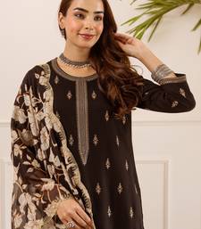 Black viscose rayon embroidered kurta trouser dupatta set