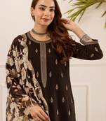 Black viscose rayon embroidered kurta trouser dupatta set