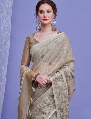 beige floral embroidered sequinned saree with unstitched blouse piece 2