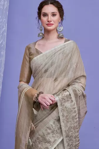 beige floral embroidered sequinned saree with unstitched blouse piece