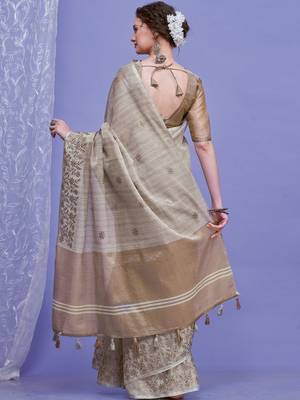 beige floral embroidered sequinned saree with unstitched blouse piece 3