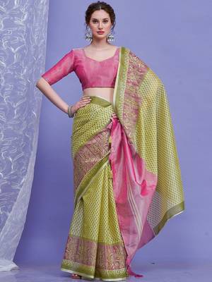 green women ethnic motifs linen blend designer saree 1