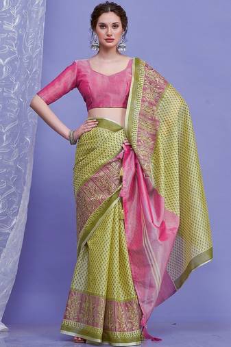 green women ethnic motifs linen blend designer saree