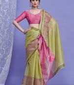 green women ethnic motifs linen blend designer saree