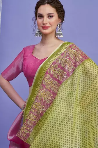 green women ethnic motifs linen blend designer saree