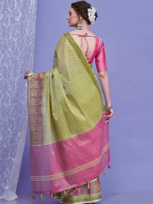 green women ethnic motifs linen blend designer saree 3