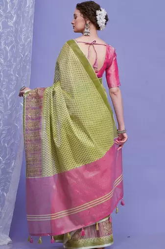 green women ethnic motifs linen blend designer saree