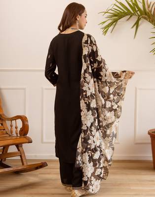 Black viscose rayon embroidered kurta trouser dupatta set 2