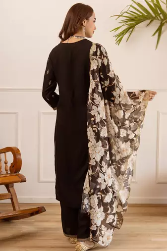 Black viscose rayon embroidered kurta trouser dupatta set